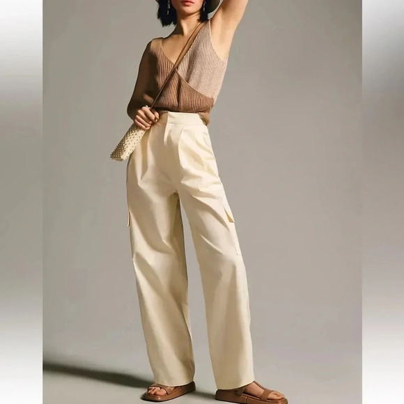 NWT Anthropologie Du Paradis Pleated Wide-Leg Cargo Pants in Stone Dust Size 12 - Picture 3 of 16